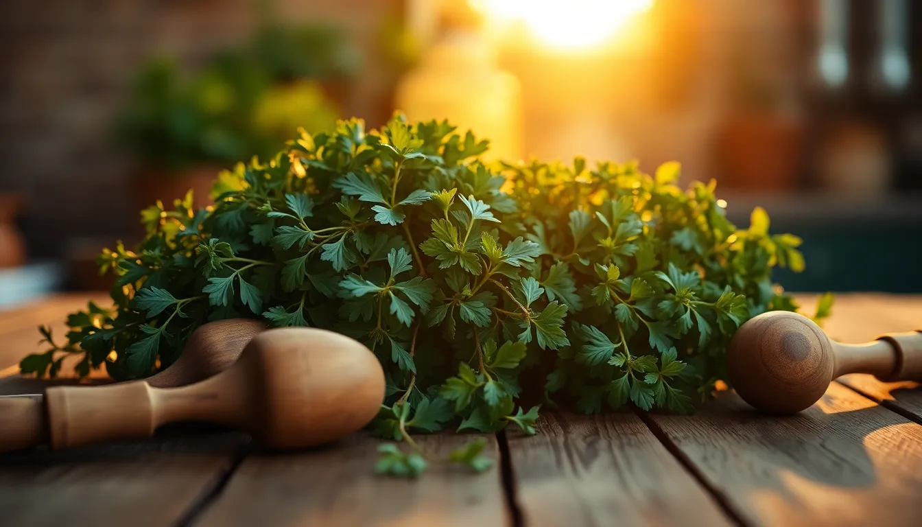 A vibrant, sunlit scene featuring fresh herbs displayed on a rustic wooden table, illuminated by golden hour backlighting. The warm tones and soft bokeh highlight the rich greens and subtle textures of the herbs. Framed by charming kitchen utensils, the composition evokes a cozy kitchen atmosphere. This image captures the essence of home cooking and the freshness of natural ingredients.