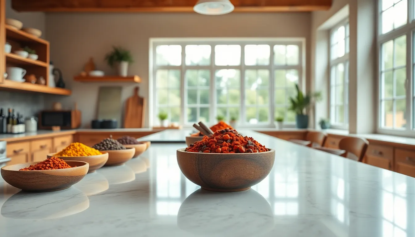 This vibrant image portrays an array of colorful spices in wooden bowls lined up on a kitchen counter. The overcast daylight streaming through large windows highlights the rich colors and textures of each spice, creating a visually enticing display. With a hyperfocal depth of field capturing details from the foreground to the background, the image invites viewers into the culinary world. The saturated colors inspired by Fujifilm Velvia create a lively mood, enticing food enthusiasts.