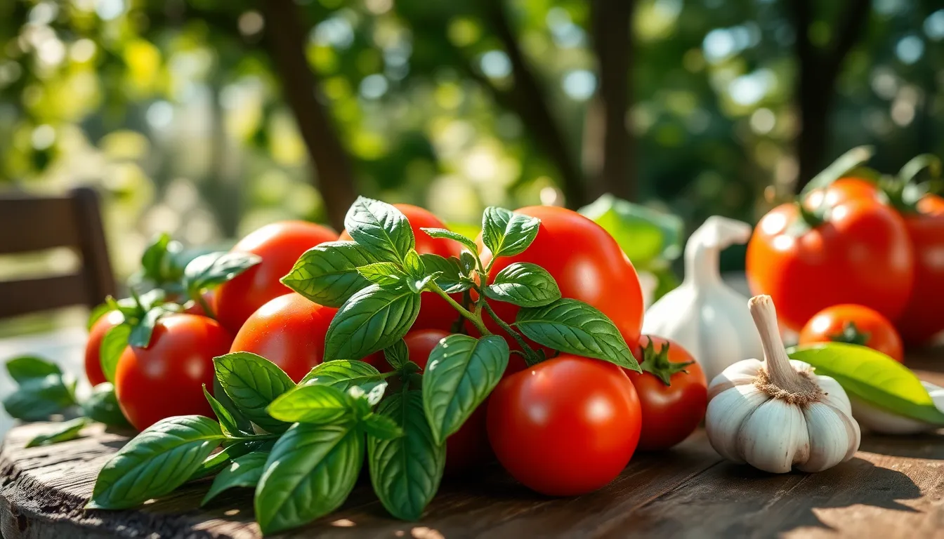 A vibrant arrangement of fresh ingredients, including aromatic basil, plump tomatoes, and garlic, beautifully displayed on a rustic wooden table. The dappled sunlight filters through the tree leaves, enhancing the natural colors of the produce. This image captures a serene and inviting mood, perfect for conveying freshness and culinary inspiration. The shallow depth of field draws focus to the vivid colors and textures of the ingredients.