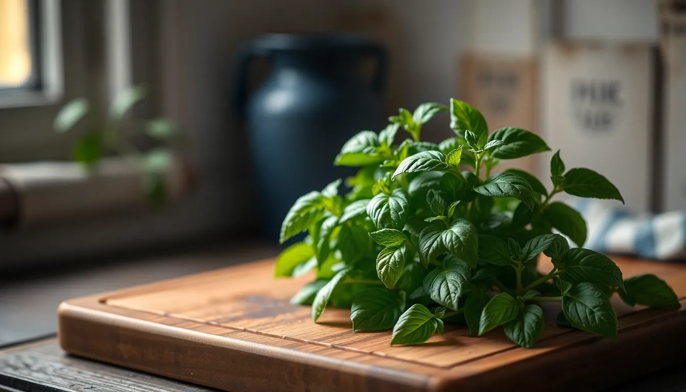 A vibrant green basil plant is elegantly displayed on a rustic wooden cutting board, illuminated by soft diffused daylight from a nearby window. The composition captures the delicate dew droplets on the leaves, while a shallow depth of field blurs the background, emphasizing the basil's rich texture. Natural muted tones enhance the earthy appeal of this fresh ingredient, making it ideal for culinary-themed projects.