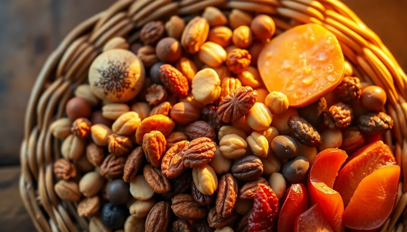 Assorted Nuts and Dried Fruits in Woven Basket