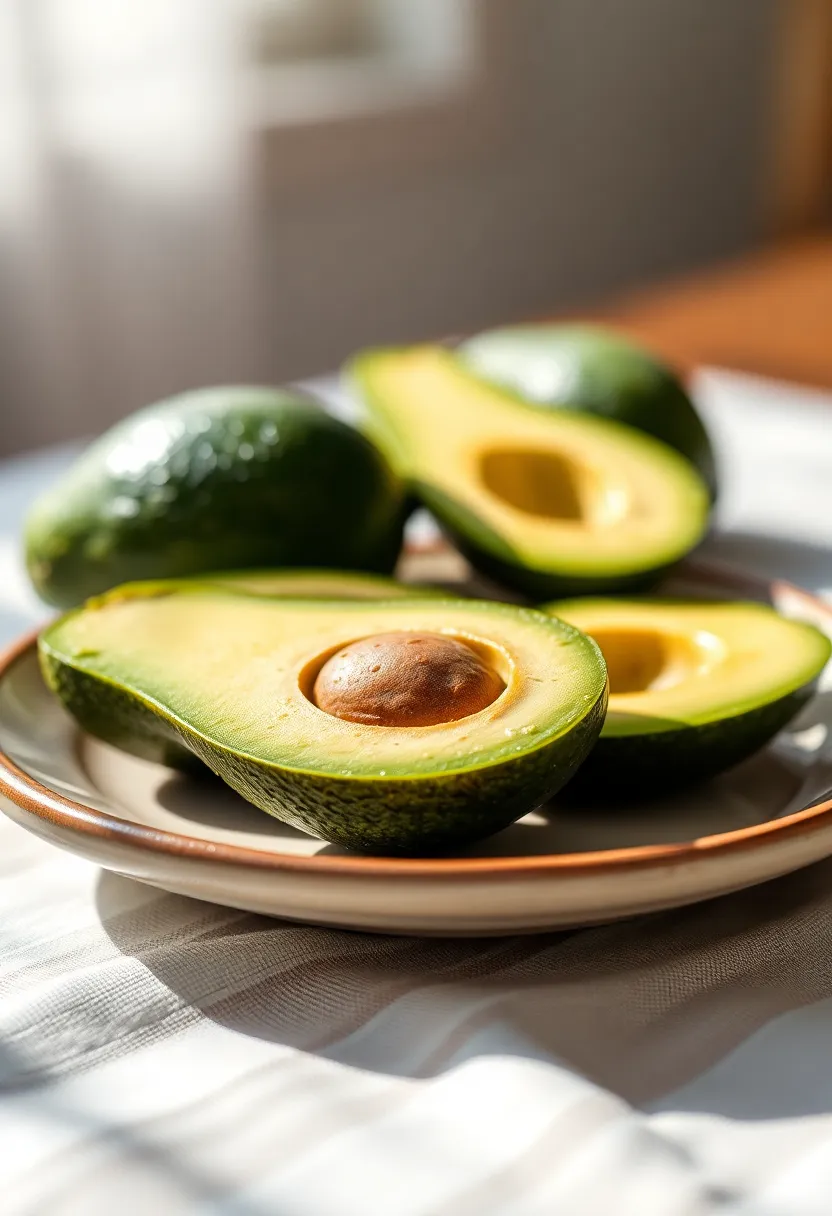 This captivating image showcases a beautifully sliced avocado resting on a handcrafted ceramic plate. The sunny afternoon light enhances the creamy texture of the avocado flesh, bringing out its vibrant greens. With a shallow depth of field, the tablecloth beneath softly blurs, allowing the avocado to take center stage. The artistic arrangement of the slices emphasizes organic shapes and evokes a sense of freshness and healthy eating.
