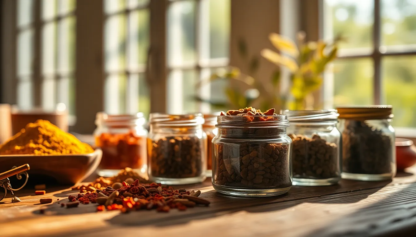 This vibrant image showcases an arrangement of colorful spices displayed in small glass jars atop a rustic wooden table. Dappled sunlight filters through window panes, casting playful highlights over the scene. The warm yellows, reds, and earthy tones of the spices create a delightful contrast against the natural wood grain. The shallow depth of field emphasizes the exquisite details of the spices, making it an appealing subject for culinary enthusiasts and food bloggers.
