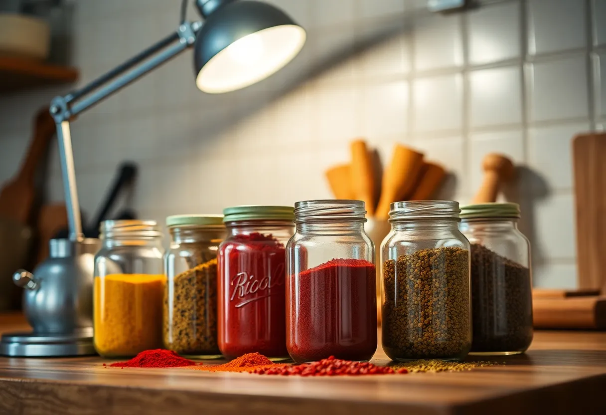 This image showcases fresh basil leaves and a vibrant red tomato on a brushed stainless steel surface. The warm tungsten lighting creates a cozy atmosphere, enhancing the natural colors with a Kodak Portra 400-inspired palette. The shallow depth of field draws attention to the vibrant textures of the basil and tomato, with the blurred background enhancing the focus. The composition follows the rule of thirds, creating a visually appealing balance.