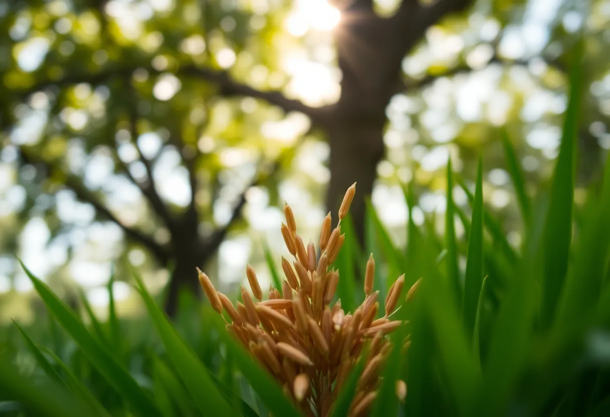 This serene image captures a rustic wooden table adorned with a variety of fresh herbs and spices, illuminated by dappled sunlight filtering through a tree canopy. The soft focus and shallow depth of field emphasize the lush greens and rich browns of the herbs, inviting the viewer into a natural culinary setting. The composition is enhanced by foreground framing, creating depth and drawing the eye toward the vibrant details of the herbs and spices, embodying a tranquil, organic atmosphere.