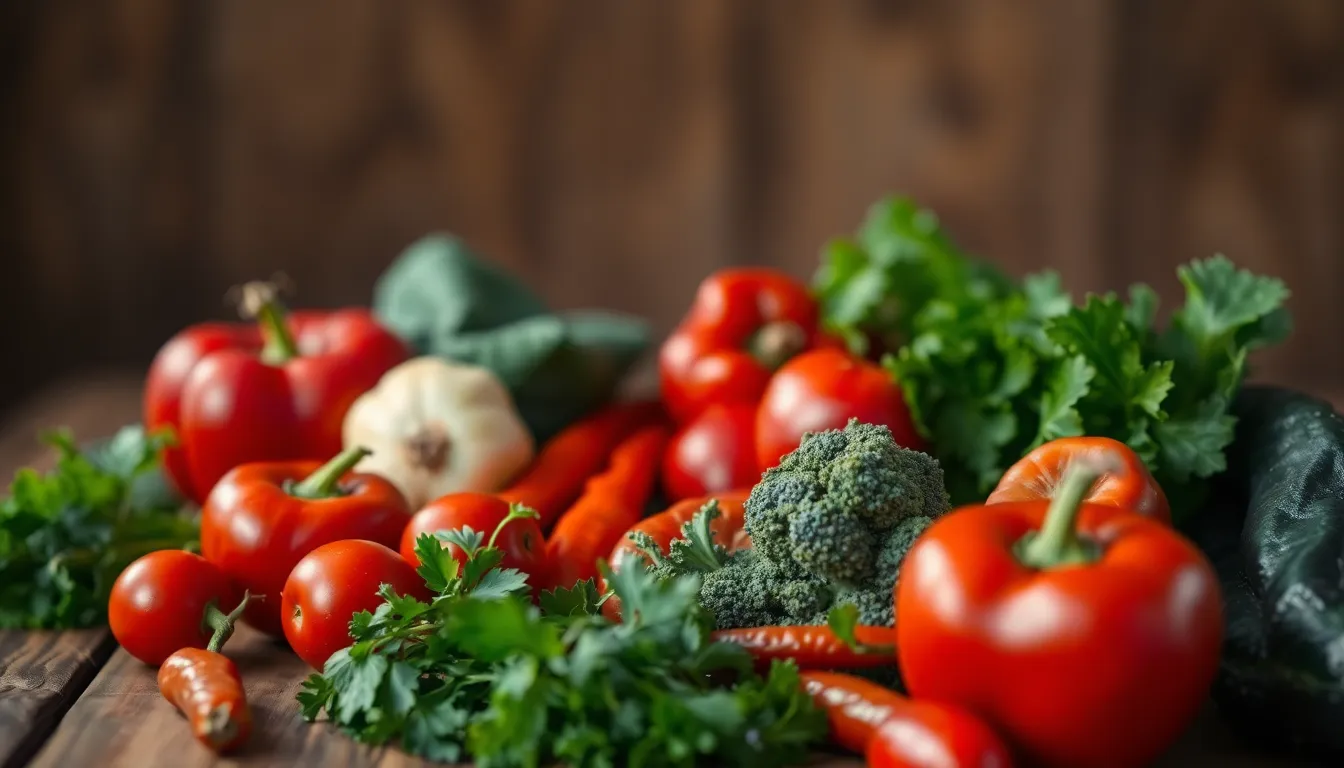 This stunning macro image presents a variety of freshly picked vegetables, including bell peppers, tomatoes, and zucchini, displayed on a rustic wooden table. The warm glow from flickering firelight creates dynamic shadows, enhancing the earthy textures and rich colors of the produce. The deep greens and vibrant reds pop against the muted background, while the selective focus draws attention to the intricate surfaces of each vegetable. Perfect for farm-to-table concepts or organic food promotions.