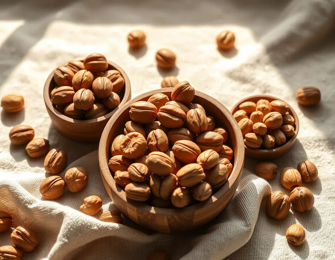 This image features a delicate arrangement of assorted nuts displayed in wooden bowls on a soft linen fabric backdrop. The soft natural lighting casts gentle highlights on the nuts, emphasizing their rich textures and natural colors. The macro focus reveals intricate details, inviting the viewer to appreciate the beauty of each nut. This photograph evokes feelings of warmth and indulgence, perfect for healthy snacking themes.