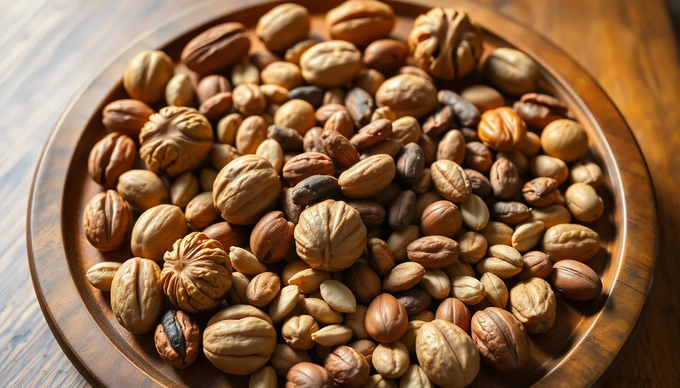 Assorted Nuts and Seeds on Wooden Platter This image features an artistic arrangement of various nuts and seeds presented on a warm wooden platter. Soft, natural light enhances the earthy tones and rich textures, making the assortment visually appealing. The hyperfocal depth of field ensures every detail is perfectly sharp. The circular composition invites the viewer to explore the variety, capturing the natural beauty of these healthy ingredients, ideal for health blogs and culinary uses.