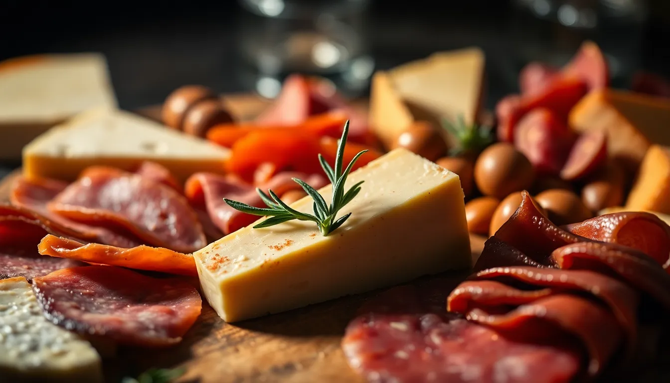 A sumptuous close-up of an artisanal charcuterie board featuring an elegant arrangement of cured meats, fresh cheeses, and garnishes. Warm tungsten lighting envelops the board in a comforting glow, highlighting the rich textures and colors of the ingredients. With a shallow depth of field, the focus on the slice of cheese adorned with rosemary draws the viewer in, making this a delectable visual feast.