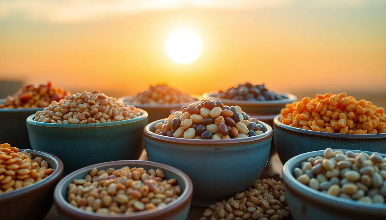 The image beautifully captures an assortment of grains and legumes, including quinoa, lentils, and chickpeas, arranged artfully in hand-thrown ceramic bowls. The golden hour backlighting creates a warm and inviting atmosphere, accentuating the textures of each ingredient. Rich teal and orange tones enhance the visual appeal, while the shallow depth of field draws focus to the intricate details of the bowls. Ideal for food styling, cooking magazines, or artisanal product promotions.