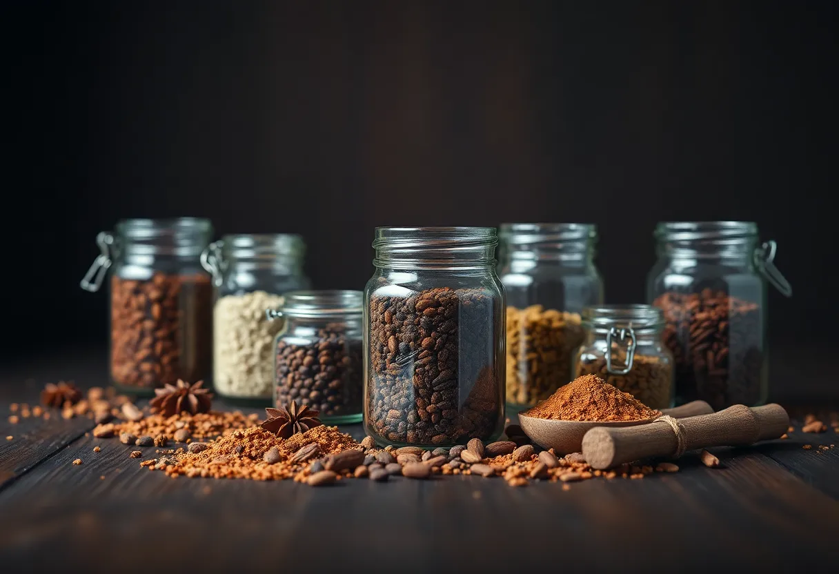 This elegant image showcases an arrangement of spices in glass jars situated on a dark wood surface. The soft Rembrandt lighting creates a play of light and shadow, enhancing the textures of the spices and the reflective quality of the glass. With a shallow depth of field, the focus remains on the jars, while the warm tones of the spices evoke a sense of richness and flavor. Ideal for culinary and gourmet themes, this photograph conveys sophistication and elegance.