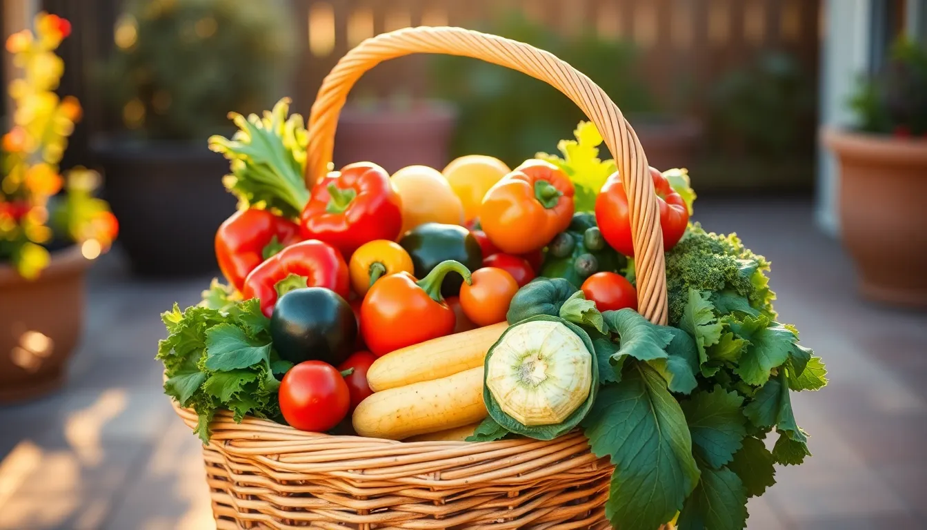 This vibrant image showcases a wicker basket filled with an assortment of freshly harvested vegetables, beautifully arranged on a sunlit patio. The golden hour light casts a warm glow over the colorful produce, creating an inviting and lively atmosphere. With warm rim lighting and soft bokeh in the background, the image highlights the rich greens, reds, and yellows of the vegetables, embodying the essence of fresh, homegrown ingredients. Perfect for garden or culinary themes, this photo celebrates the beauty of seasonal produce.