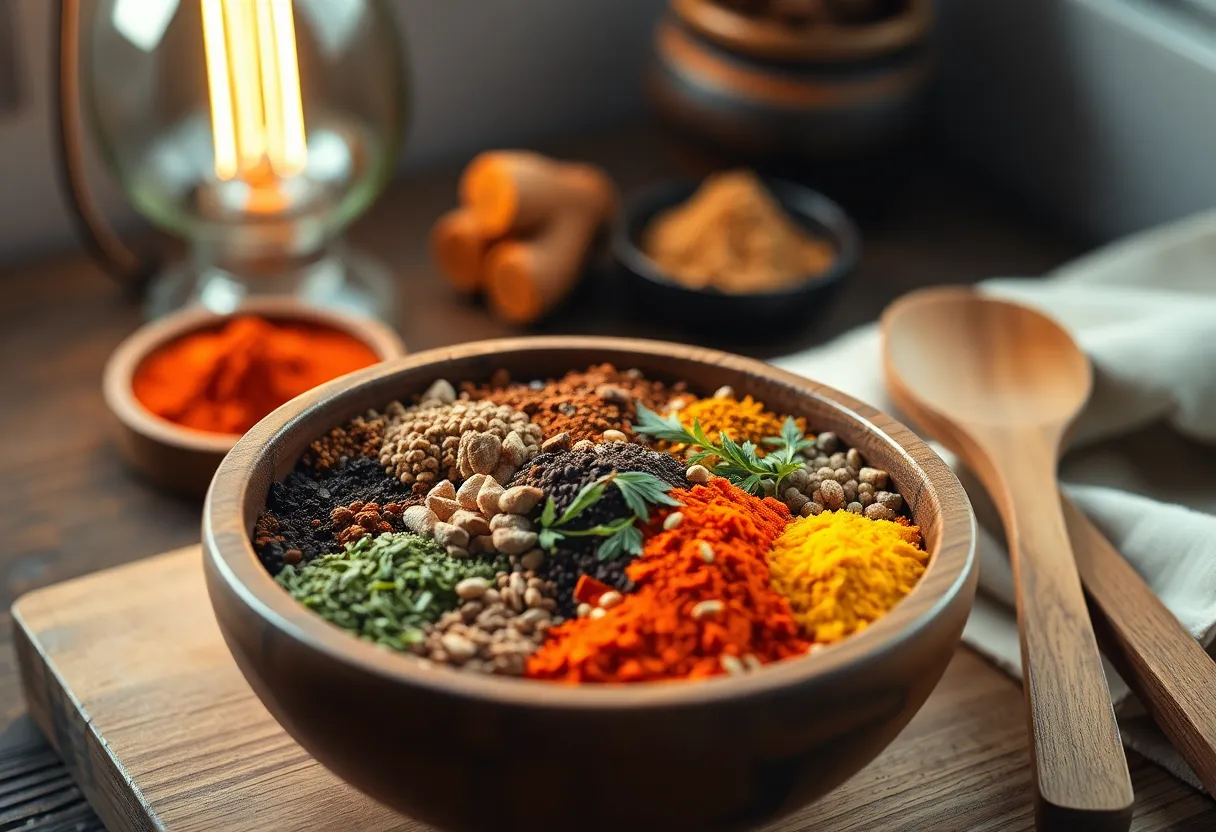A captivating top-down view of a wooden bowl filled with an array of colorful spices and dried herbs, beautifully arranged alongside rustic wooden utensils. The warm tungsten lighting casts a cozy glow, inviting the viewer to explore the rich textures and earthy tones of each spice. This image conveys a sense of warmth and homeliness, perfect for food enthusiasts and culinary creators alike. The selective focus emphasizes the vibrant colors and intricate details of the spices.