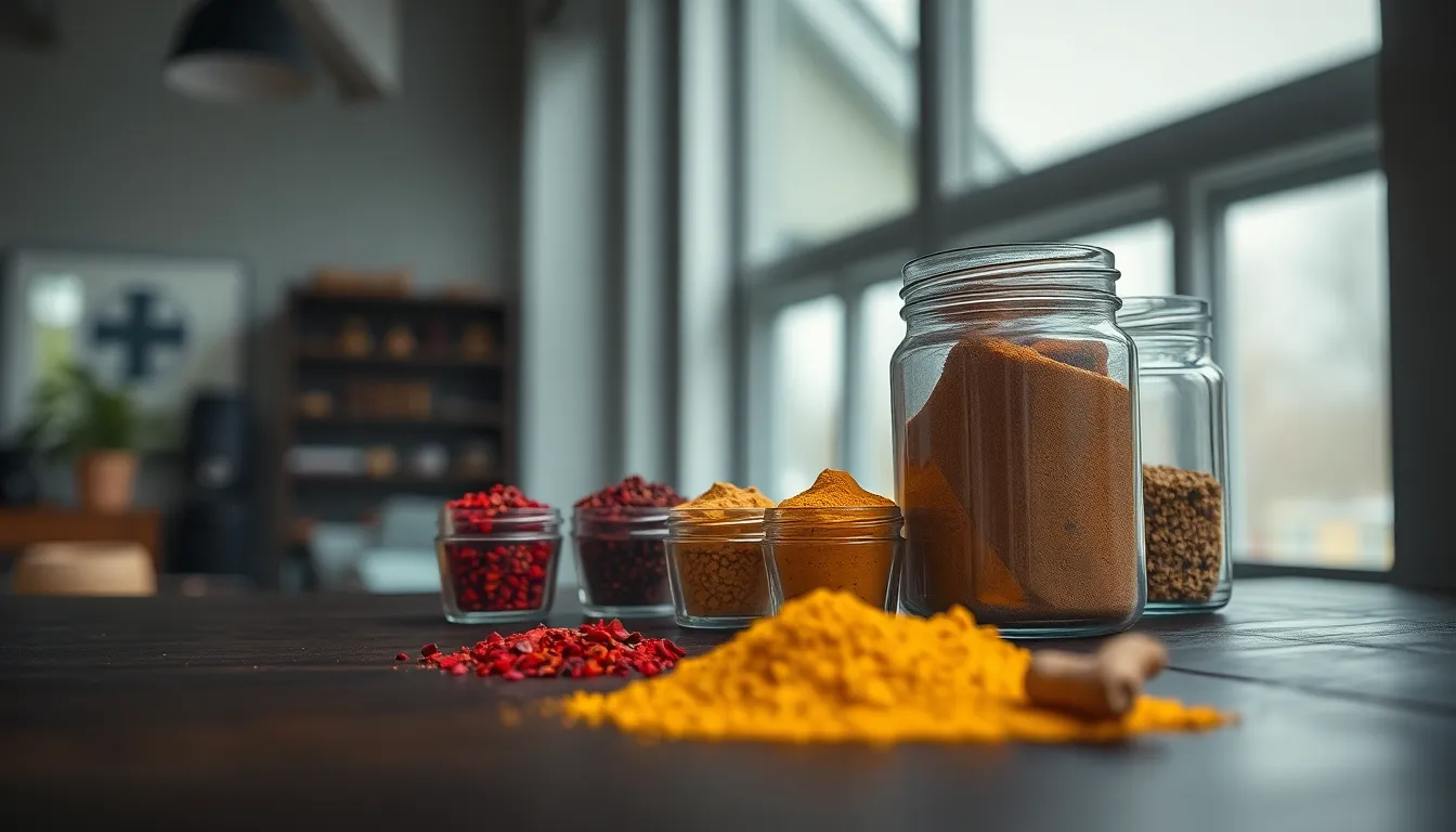 This image features an exquisite arrangement of vibrant spices stored in elegant glass jars, displayed on a dark wooden shelf. The overcast daylight creates a soft and even lighting, enhancing the colors and textures of each spice. The rich reds of crushed pepper and the warm yellows of turmeric pop against the muted background. The composition employs leading lines that guide the viewer's eye through the scene, making it ideal for culinary publications or spice brands.
