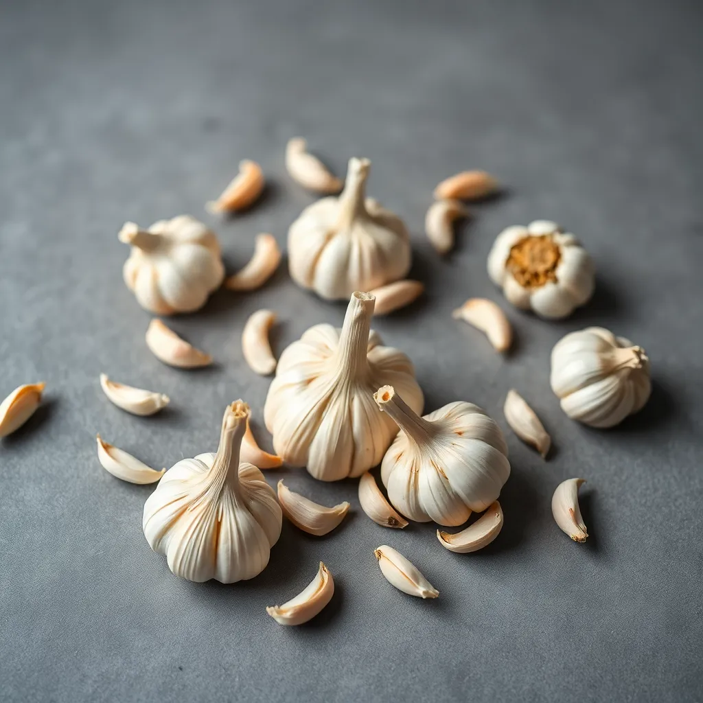 This elegant image features a delicate arrangement of garlic cloves artfully scattered on a slate grey background, illuminated by soft, diffused daylight. The subtle textures of the garlic skins are highlighted beautifully, exuding a sense of freshness and natural simplicity. The hyperfocal depth of field ensures that every detail is crisp and clear, creating a captivating visual that draws the viewer in. Ideal for culinary and cooking themes, this image embodies the essence of quality ingredients.