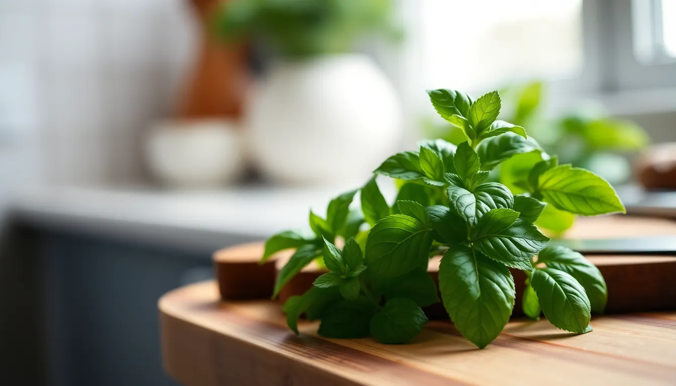 This image captures a beautiful arrangement of fresh basil leaves on a rustic wooden cutting board, with a knife nearby. Diffused daylight filters through the kitchen window, casting soft, natural light that enhances the vivid green colors of the herbs. The shallow depth of field draws attention to the detailed textures of the basil while the background gently fades into soft bokeh. This balanced composition evokes a serene, culinary atmosphere perfect for food enthusiasts.
