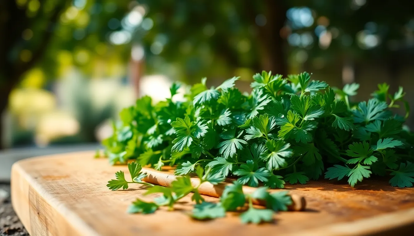 Fresh Herbs on Rustic Cutting Board A vibrant arrangement of fresh basil, cilantro, and parsley atop a rustic wooden cutting board, glistening with water droplets. The dappled sunlight creates a warm, inviting atmosphere, enhancing the rich green colors of the herbs. This composition captures the essence of natural cooking ingredients, perfect for recipes or culinary art. Each herb is distinctly visible, showcasing texture and freshness, while the wooden backdrop adds warmth and depth to the scene.