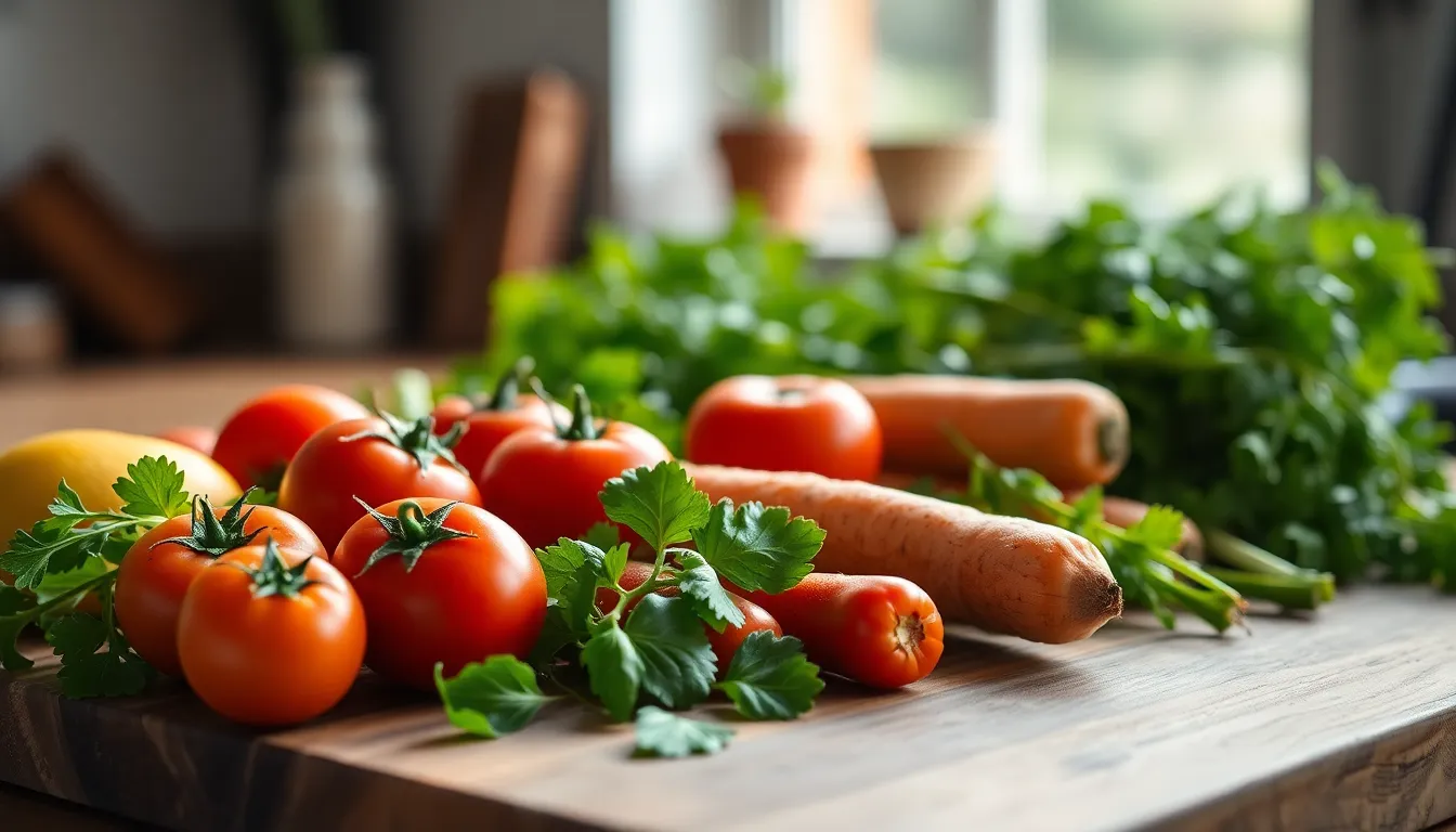 This photorealistic image captures a close-up of freshly plucked basil leaves resting on a rustic wooden cutting board. Diffused daylight filters through a nearby window, creating a warm, inviting atmosphere. The rich green of the basil contrasts beautifully with the warm browns of the wood, enhancing the natural, home-cooked feel of the scene. The shallow depth of field draws focus to the vibrant leaves, making it perfect for culinary contexts.