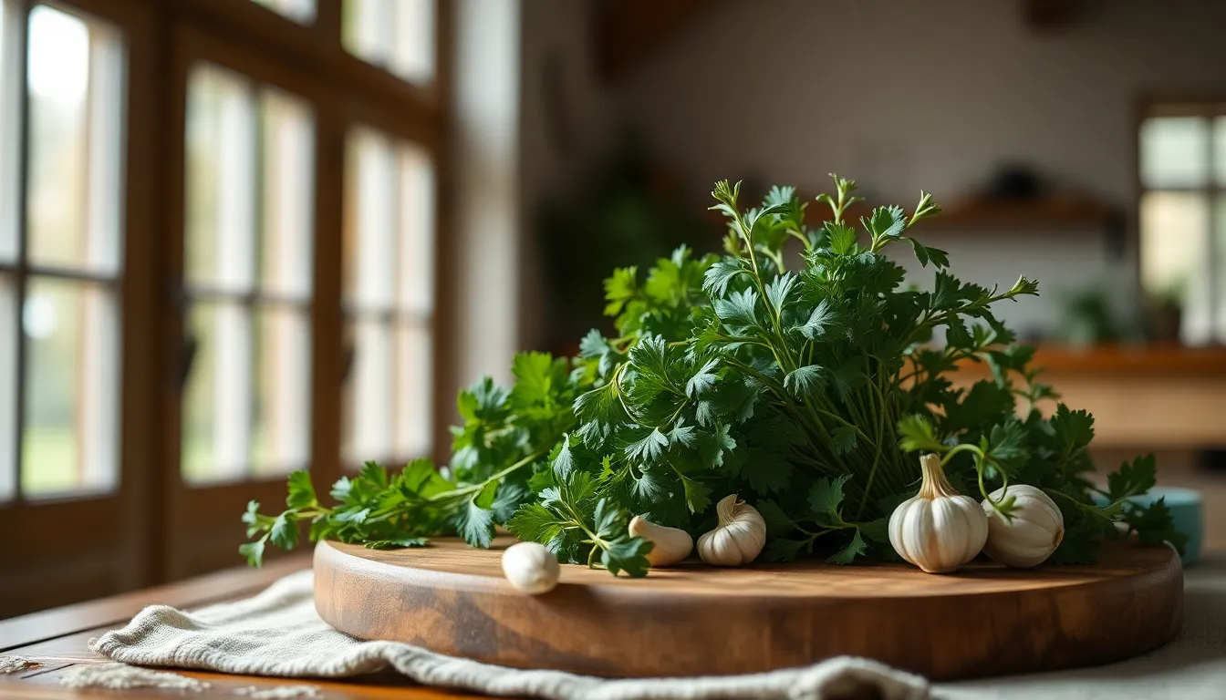 Fresh Herbs and Garlic Ingredients on Cutting Board