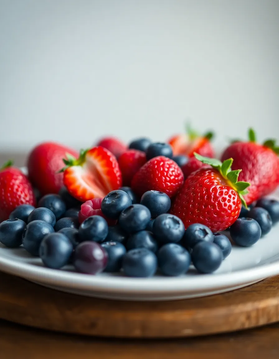 Colorful Berry Arrangement on White Plate An enticing display of colorful berries including strawberries, blueberries, and raspberries arranged artfully on a pristine white ceramic plate. The soft, diffused daylight illuminates the fruits, highlighting their freshness and vibrance. This composition celebrates the natural beauty and health benefits of fruits, making it perfect for culinary or lifestyle content. The creamy background bokeh draws attention to the berries, enhancing their appeal and inviting viewers to indulge.