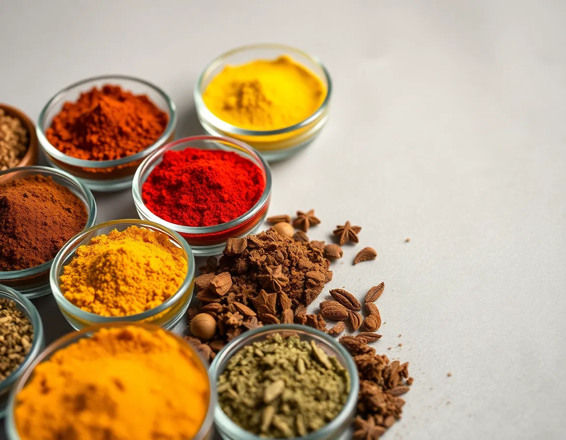 This striking image features a colorful array of spices beautifully arranged in small glass bowls, captured in stunning detail. Studio lighting enhances the vibrant colors of each spice, from deep reds to sunny yellows. With a hyperfocal depth of field, every element is crisply in focus, showcasing the unique textures and qualities of each ingredient. The carefully composed circular arrangement draws the viewer’s eye, celebrating the artistry of culinary spices.