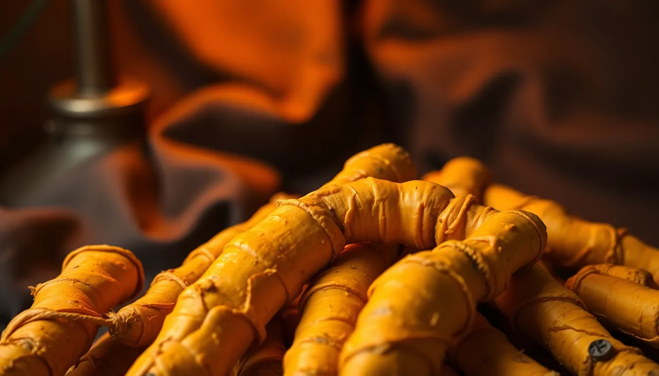 This intimate close-up features vibrant yellow turmeric roots, beautifully illuminated by warm tungsten lighting. The texture of the turmeric skin showcases its rugged and earthy qualities, while the gently crumpled dark linen backdrop creates a cozy, rich environment. The image's shallow depth of field draws attention to the details of the roots, making it perfect for wellness or culinary contexts focused on health ingredients. The warm lighting enhances the organic feel of the scene.