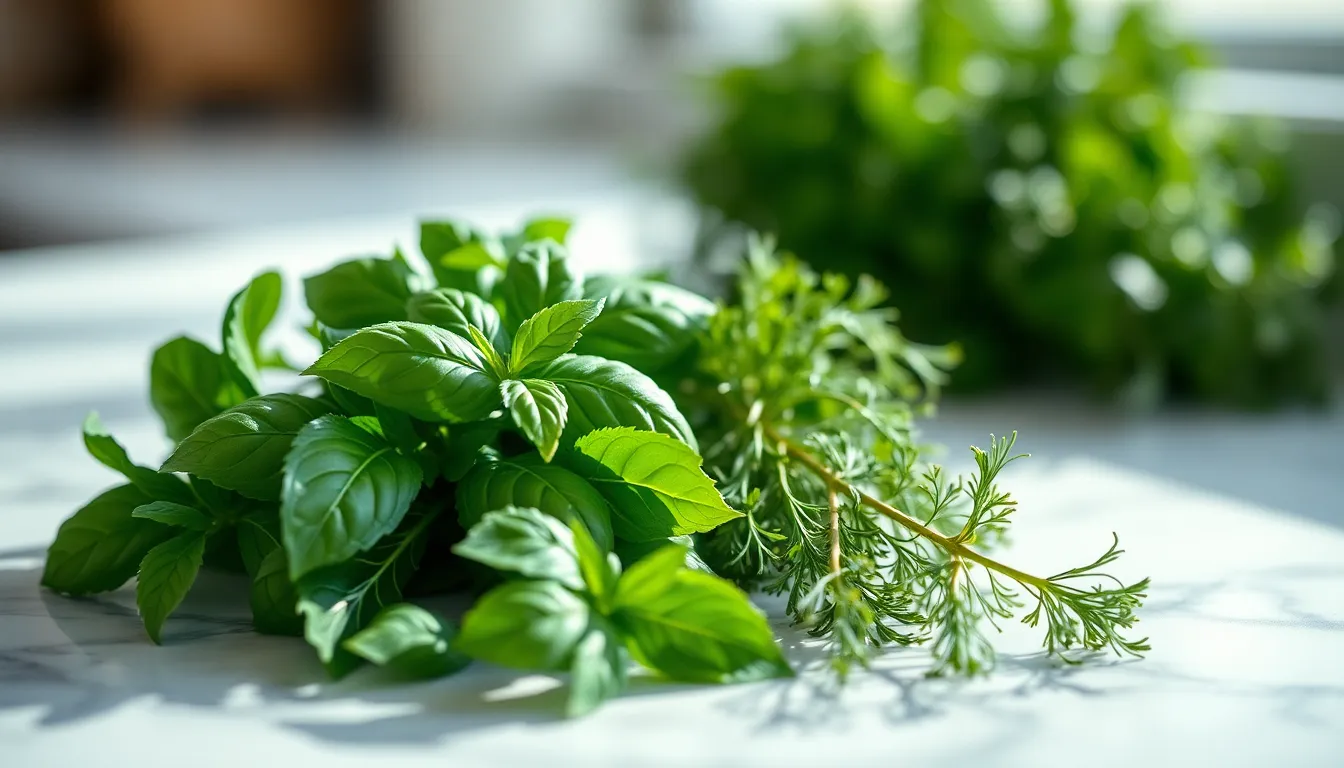 Fresh Herbs on Marble Countertop This close-up image showcases fresh herbs elegantly placed on a pristine marble countertop. Soft morning light creates a delicate glow, emphasizing the rich greens of the herbs against the white marble. The shallow depth of field enhances the lush textures, with the creamy bokeh gently blurring the background. The composition focuses on the beauty of simplicity, allowing the viewer to appreciate the fine details of the soft basil leaves and feathery dill fronds.