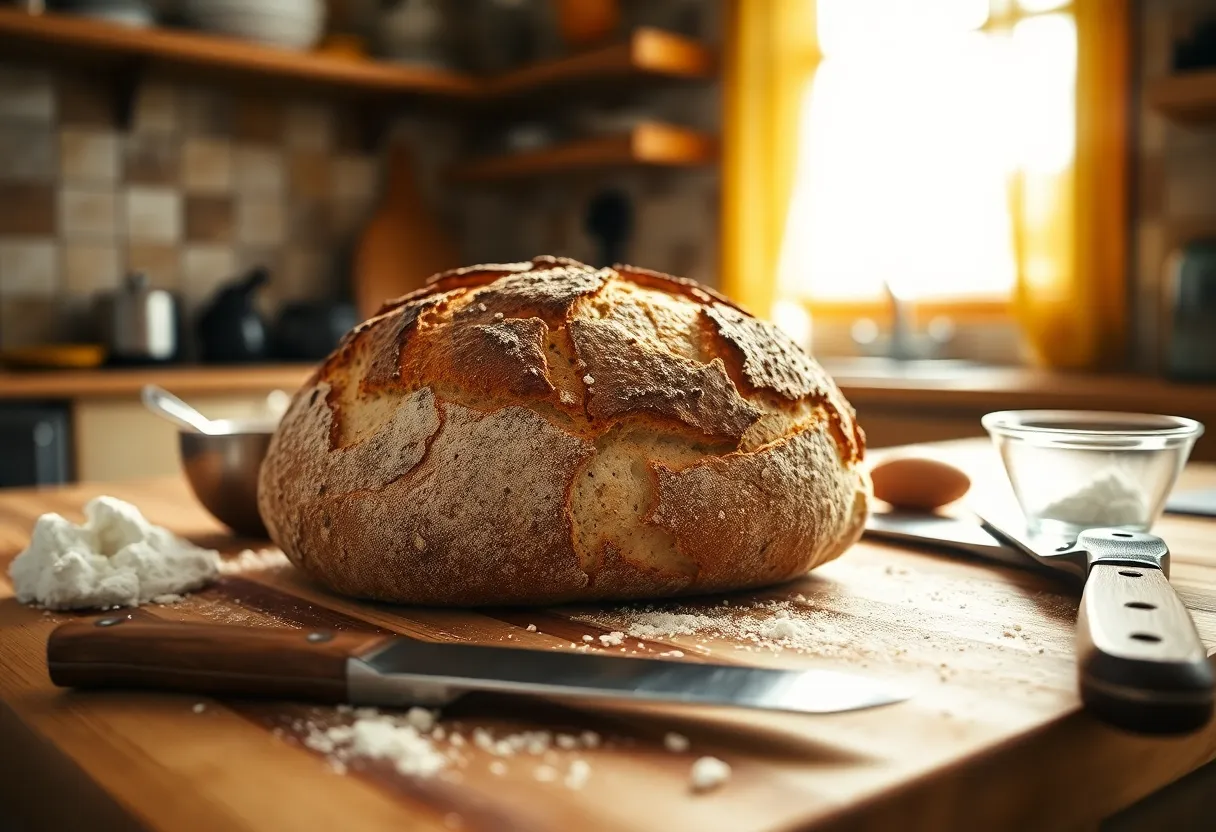 This inviting image features a freshly baked loaf of sourdough bread displayed on a rustic wooden cutting board. Illuminated by warm tungsten lighting, the texture of the crust is highlighted, evoking a sense of homemade goodness. The scene captures the essence of a cozy kitchen, with flour scattered around and a rustic knife hints at the artisanal process. Leading lines draw the viewer into the composition, inviting them to appreciate the warmth and craftsmanship of freshly baked bread.