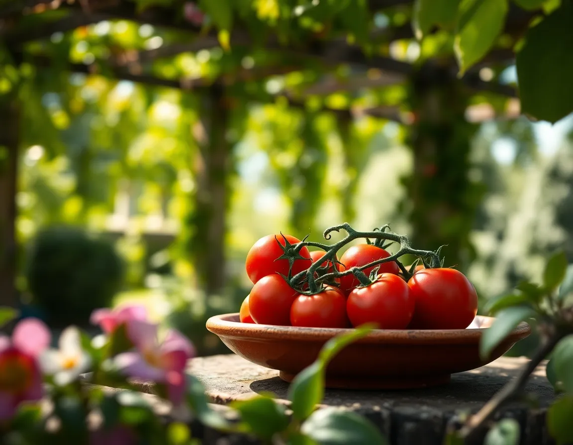 Cherry Tomatoes on Rustic Terracotta Plate A close-up view of vibrant cherry tomatoes arranged on a rustic terracotta plate, beautifully lit by dappled sunlight filtering through a vine-covered pergola. The lush greens of the leaves contrast with the bright reds of the tomatoes, creating a vivid and fresh atmosphere, perfect for summer culinary themes. This image captures the essence of garden-fresh ingredients, inviting viewers into a bountiful setting. The foreground framing enhances the depth, making the focal point pop against the soft background.