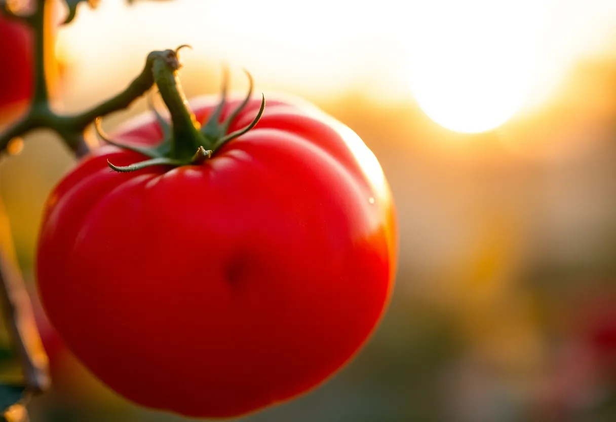 This photorealistic image captures a vibrant red tomato glistening with fresh water droplets against a softly blurred background. The warm light of the golden hour creates a stunning rim light effect, enhancing the tomato's texture and color. The composition follows the rule of thirds, placing the subject dynamically within the frame. This image conveys freshness and the essence of farm-to-table ingredients.