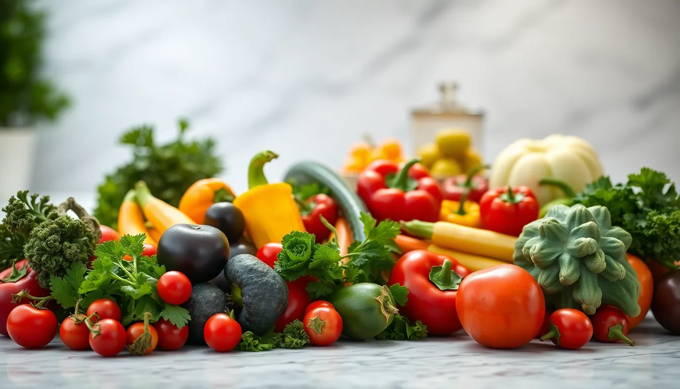 An artfully arranged selection of vibrant vegetables positioned on a sleek marble countertop, illuminated by soft, diffused daylight. The rich colors pop against the elegant marble, enhancing the freshness and appeal of the ingredients. With a shallow depth of field, details remain sharp while the background softly blurs, creating a clean, modern look that evokes a sense of culinary creativity.