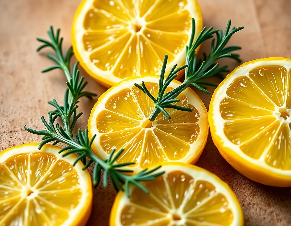 This image features an artistic arrangement of fresh rosemary sprigs and vibrant lemon slices, elegantly displayed on a sleek black surface. The studio lighting highlights the intricate textures of the rosemary and the glossy surface of the lemons, creating a striking contrast. The warm tones evoke a sense of freshness and zest, capturing the essence of culinary creativity. The precise composition draws the viewer's eye to the vivid details of the ingredients.