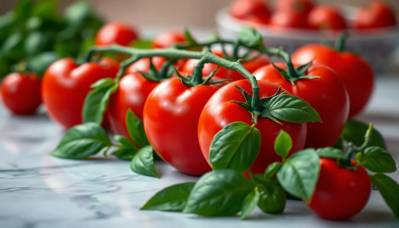 Ripe Tomatoes and Fresh Basil on Marble