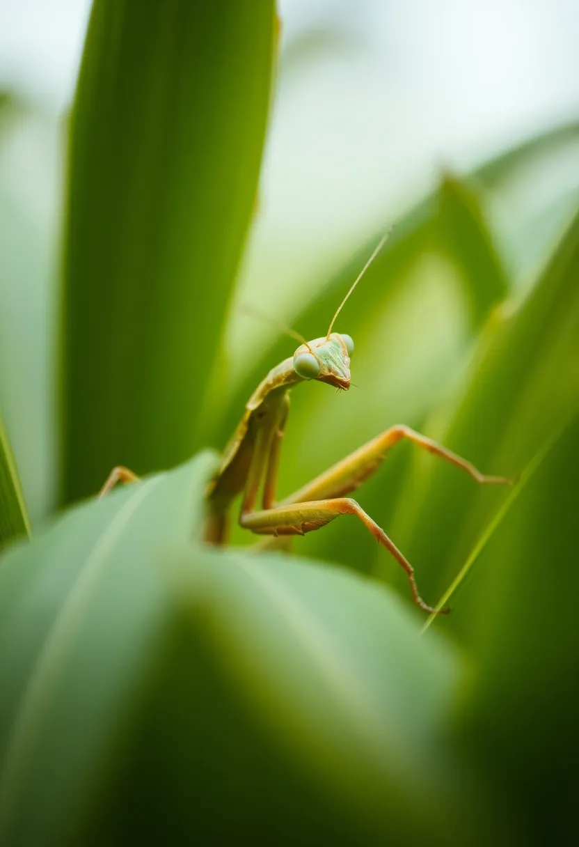 This striking close-up image showcases a praying mantis expertly camouflaged among green leaves, demonstrating its predatory nature. The soft, diffused daylight highlights the mantis's details without creating harsh shadows, allowing for an intimate view of its unique body structure. The natural greens and browns of the scene enhance the theme of camouflage, creating a captivating and immersive atmosphere. This image is perfect for those fascinated by insects and their adaptations in nature.