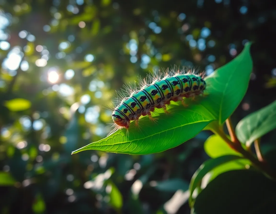 This captivating image portrays a large, colorful caterpillar resting on a vivid green leaf, captured under a dappled forest canopy. The sunlight filters through the leaves, highlighting the caterpillar's intricate textures and vibrant colors. The saturated green and blue hues evoke a rich and lively atmosphere, inviting viewers to appreciate this fascinating stage of metamorphosis in nature. The shallow depth of field draws attention to the caterpillar, enhancing its detailed features amidst the lush surroundings.
