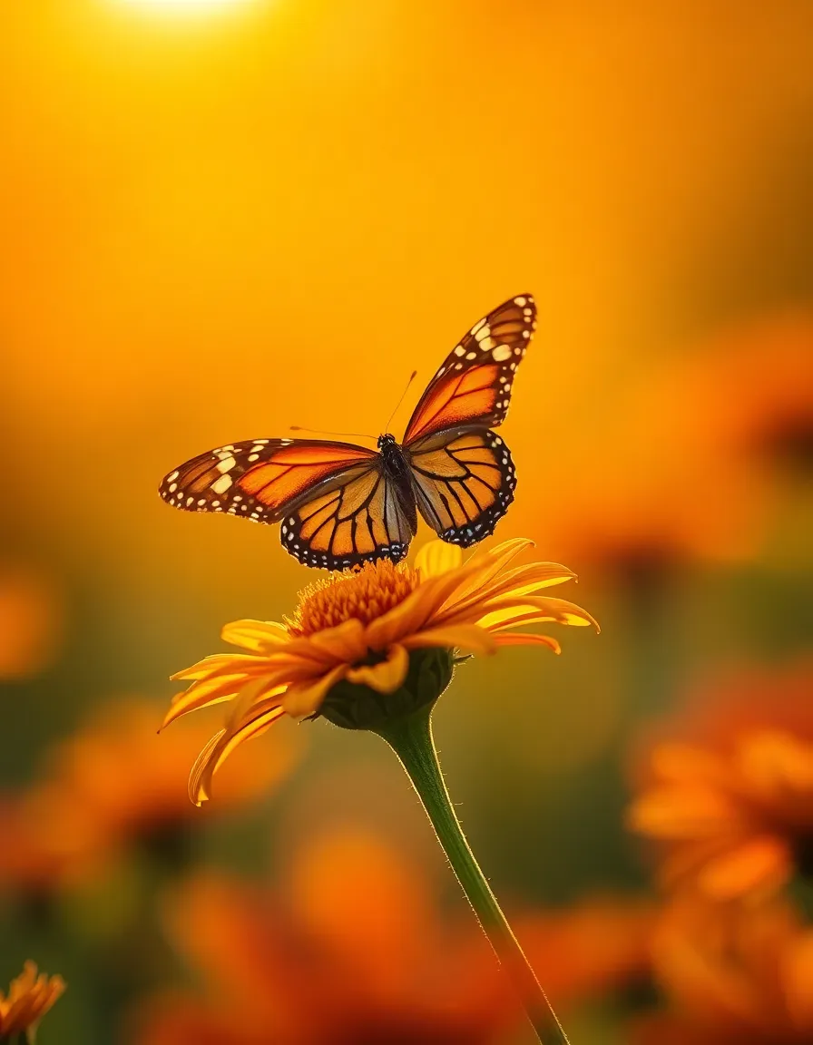 This breathtaking photograph captures a monarch butterfly gracefully resting on a vibrant flower during the golden hour. The warm backlighting enhances the butterfly's stunning wing patterns, creating a magical halo effect. The soft, shallow depth of field beautifully separates the butterfly from a dreamy backdrop, while the warm color palette evokes feelings of summer and tranquility. Ideal for nature lovers and conservationists, this image beautifully showcases the elegance of butterflies in their natural habitat.