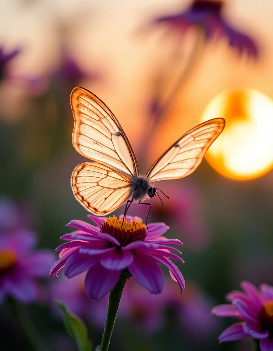 An enchanting photograph of a translucent butterfly gracefully perched on a colorful flower. The soft, diffused lighting of the setting sun casts a dreamy glow, enhancing the delicate patterns of the butterfly's wings. With a focus on the butterfly and a blurred floral backdrop, this image exudes elegance and tranquility. The gentle pastels and deep purples in the color palette contribute to a serene and captivating mood, perfect for nature and wildlife themes.