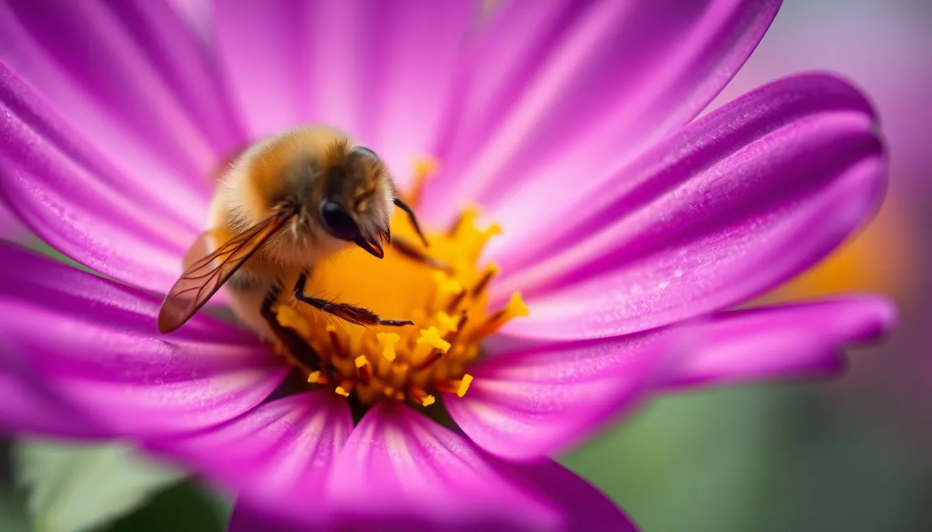 A detailed close-up of a honeybee busily collecting pollen from a vibrant purple flower, perfectly illuminated by soft overcast light. The intricate details of the bee’s wings and fuzzy body are captured crisply, highlighting its importance in the natural world. The surrounding flower petals blur into a softened background, enhancing the focus on the bee's activity. This engaging image showcases nature's beauty and the vital role of pollinators.