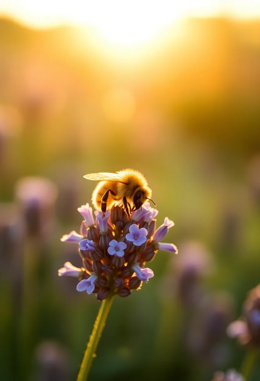 This dynamic photograph captures a honeybee busily working among a bloom of lavender in warm afternoon light. The soft golden backlight creates an enchanting halo effect around the bee, highlighting its intricate details as it gathers pollen. The image emphasizes the beautiful interplay of nature, showcasing the bee's important role in pollination. The muted colors evoke a sense of calm and connection to the environment, making this image both informative and visually appealing.