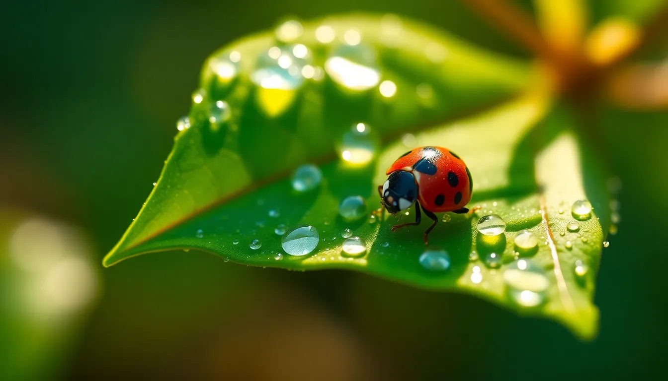 This striking macro photograph captures a dew-covered ladybug resting on a vibrant green leaf during early morning. The gentle diffusion of natural light highlights the intricate textures of the leaf and the shiny droplets clinging to its surface. The warm colors evoke a sense of tranquility and freshness, inviting viewers into this serene moment in nature. The ladybug’s vibrant red hue pops against the green background, creating a visually engaging focal point.