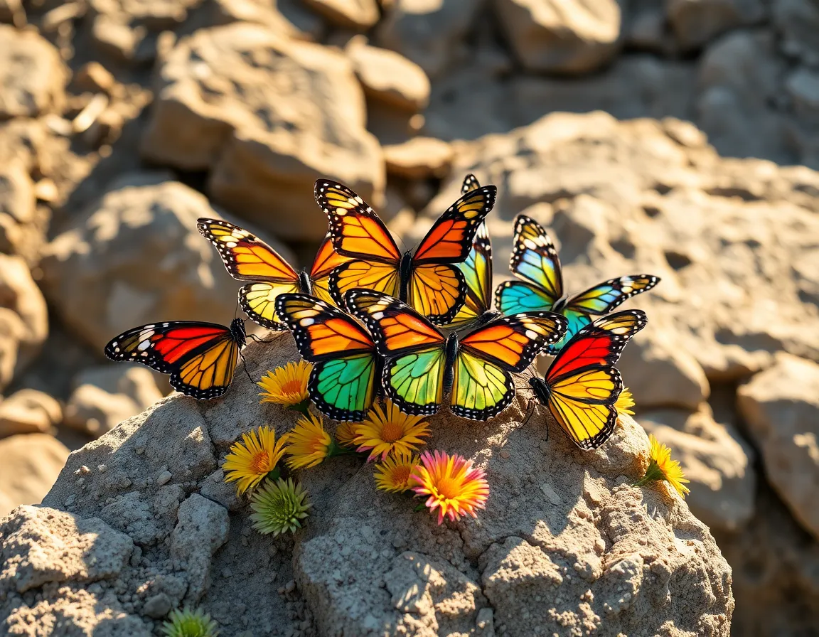 Colorful Butterflies on a Warm Rock