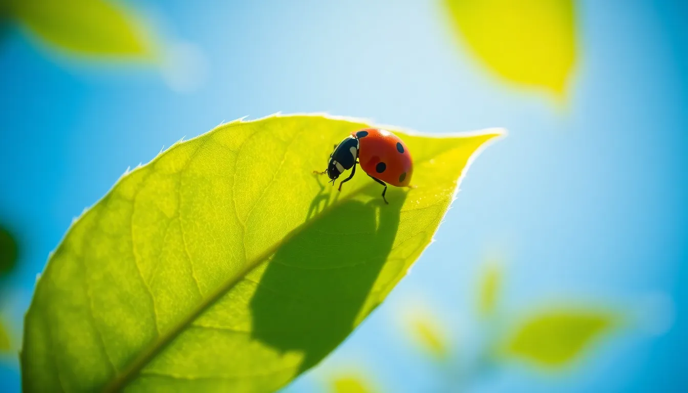 This close-up captures the delicate beauty of a ladybug resting on a vibrant green leaf under a clear blue sky. The intricate details of the ladybug and the leaf are highlighted by natural sunlight, creating a stunning contrast. With a shallow depth of field, the background melts away into soft colors, drawing focus to the subject. The image conveys a serene and peaceful mood, perfectly reflecting the tranquility of nature.