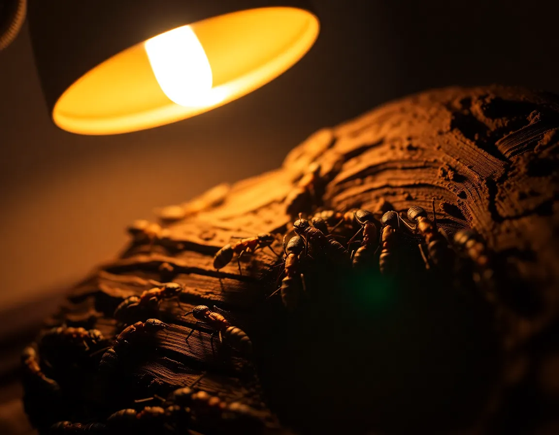 This exquisite shot captures an ant colony bustling inside a wooden nest, providing a glimpse into their intricate world. Illuminated by the warm glow of a tungsten lamp, the scene presents natural textures, from the rough surface of the wood to the delicate details of the ants as they navigate their environment. With a hyperfocal approach, every aspect remains in sharp focus, allowing for rich detail throughout the image. The balanced composition offers a harmonious view of their communal activities.