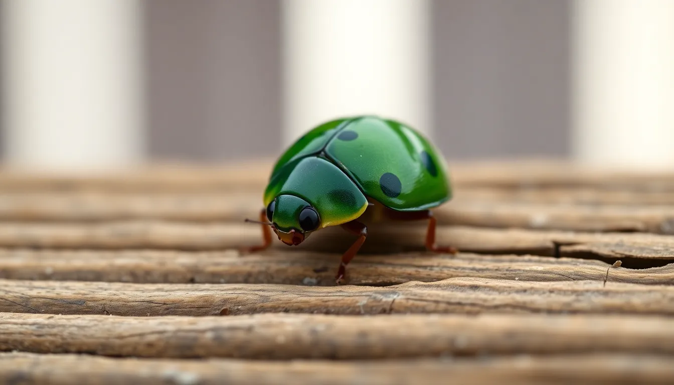 This close-up photograph captures a vibrant green ladybug delicately perched on an aged wooden table. Soft, diffused daylight enhances the intricate patterns and glossy surface of the insect, while the rich textures of the wood provide a natural backdrop. The composition follows the rule of thirds, drawing attention to the ladybug's detailed features against a blurred background, creating a serene and inviting atmosphere.