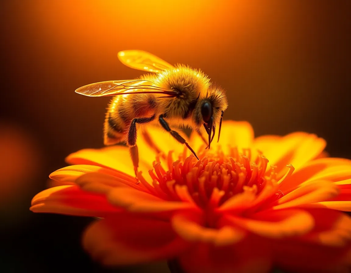 A close-up macro shot captures a honeybee diligently collecting nectar from a vibrant flower, illuminated beautifully by a warm tungsten lamp. The golden hues of the bee contrast with the colorful petals, creating an inviting and harmonious image. Every detail, from the bee's fuzzy body to the soft texture of the petals, is crisp and clear, inviting viewers to appreciate the beauty of nature's small wonders.