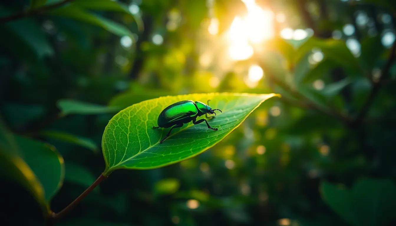 This striking macro photograph captures a vibrant green beetle perched on a lush leaf, positioned amid a blurred forest background. Soft, diffused daylight highlights the beetle's iridescent shell and the intricate textures of the leaf, creating an enchanting scene of nature's details. The focused composition draws attention to the beetle, inviting viewers into the world of insects. The rich greens and warm accents evoke a sense of tranquility and wonder.