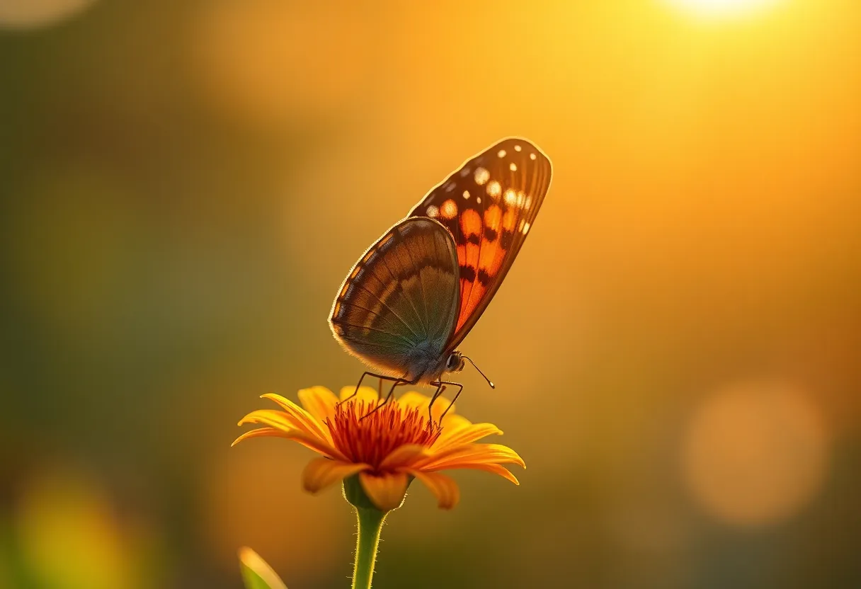 At golden hour, a vibrant butterfly rests gracefully on a flower, illuminated by warm backlighting that creates a magical glow around its delicate wings. The intricate patterns of the butterfly stand in sharp focus while the background melts into a soft bokeh, enhancing the dreamlike quality of the scene. This stunning image captures the beauty of nature with rich colors and detailed textures, inviting contemplation of the delicate balance of life.
