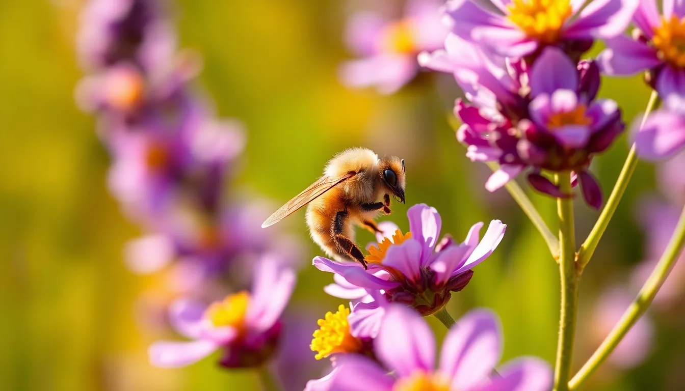 An eye-catching close-up of a honeybee diligently collecting pollen from bright purple flowers in a sunlit garden. The golden glow of the sunlight beautifully highlights the bee's fuzzy texture and the soft petals of the flowers, creating a warm and inviting scene. This image captures the essential role of bees in our ecosystem and the beauty of nature's colors, evoking feelings of joy and appreciation for the delicate relationships within gardens. It's a must-have for anyone interested in floriculture and pollination.