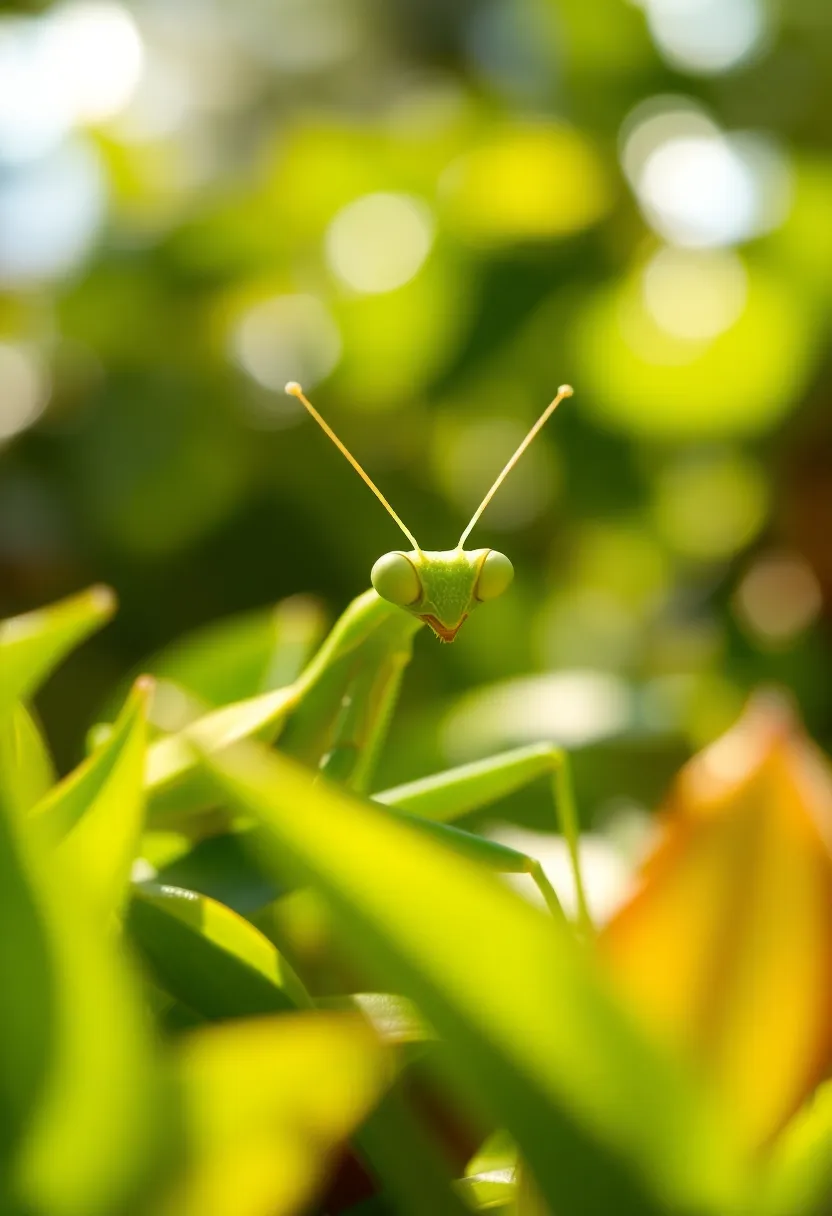 This captivating close-up features a vibrant green praying mantis perfectly camouflaged among lush garden foliage. Dappled sunlight filters through the leaves, creating enchanting bokeh highlights that enhance the scene's depth. With selective focus on the mantis, its intricate textures and keen eyes draw the viewer's attention. This image beautifully showcases the praying mantis's natural elegance and the wonder of nature’s design.