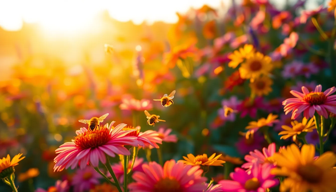 This vibrant photograph captures a bustling scene of bees working in a blooming garden during the golden hour. The warm sunlight bathes the scene in a rich glow, enhancing the colors of the flowers and the busy motion of the bees. The selective focus allows the bees to take center stage, creating an engaging atmosphere filled with life and energy, while the soft background blurs into a beautiful tapestry of colors.